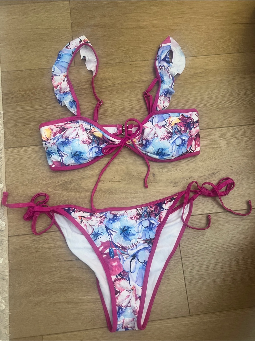 Girls Floral Pink & Blue Ruffle Strap Bikini Set